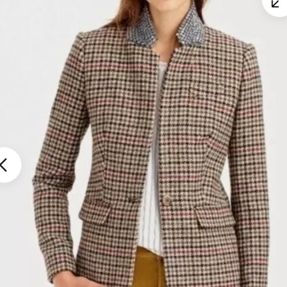 J Crew Rare Regent Jewel Embellished Collar Wool Houndstooth Blazer Size:4 - Picture 1 of 5